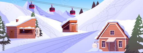 Winter resort with snowy ski slope and ski lifts, pine trees and cottages on mountain background, vector winter sports
