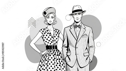 Vintage couple dressed in stylish outfits standing together in a classic pose