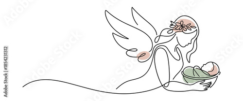 Woman with wings holding bowl of fruit in one hand and flowers in hair