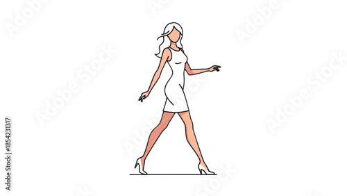A woman walking alone in a white dress on a plain white background