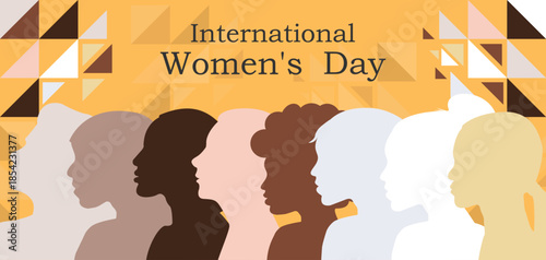 Мarch 8 Women's Day card, poster, frame banner, template layout typography design for advertising, web, social media. Abstract Profile of Women different race and ethnicity diversity background