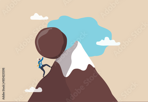 Hard work like pushing boulder uphill, burden or obstacle, business difficulty, struggle, challenge to success, motivation or persistence concept, businessman pushing boulder uphill to mountain peak.