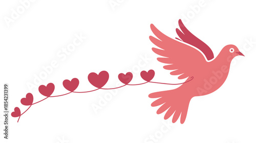 A lovely pink dove flying and trailing a beautiful string of small red hearts