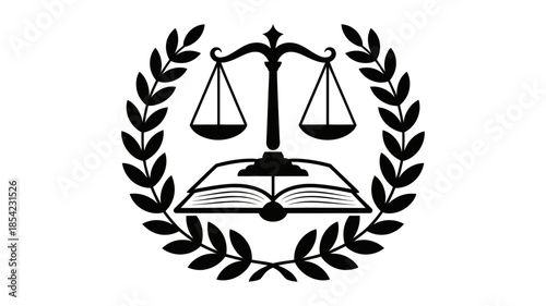 Emblem of justice featuring scales, an open book, and a laurel wreath
