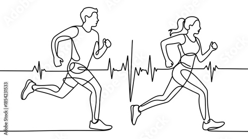 A minimalist line art illustration of a running couple connected by a continuous heartbeat line