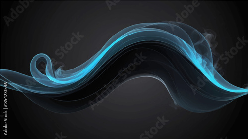An abstract blue fractal background features a flowing design of wave patterns and curved lines, blending light and energy into a smoke-like motion against a dark backdrop