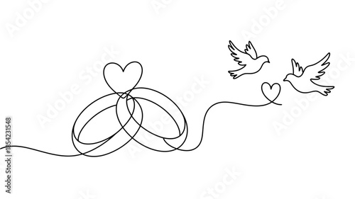 Continuous line art illustrating wedding rings and flying doves representing eternal love and marriage.