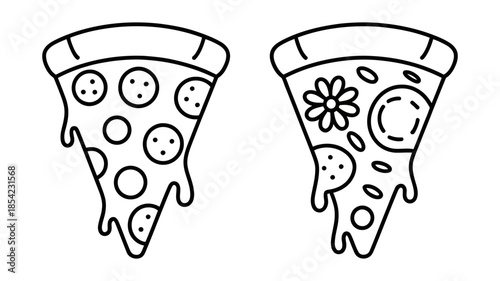 Two different pizza slices in simple black and white outline illustration