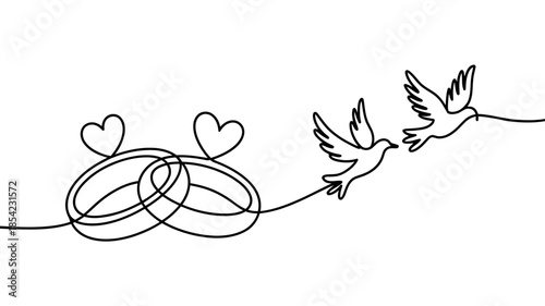 Continuous line drawing of wedding rings with hearts and doves symbolizing love and peace.