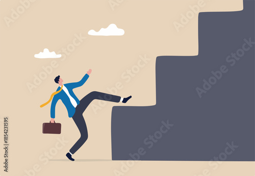 Business difficulty and challenge to overcome to achieve success goal, big step for career or adversity concept, businessman trying hard with full effort to climb up big step ladder or stairway.