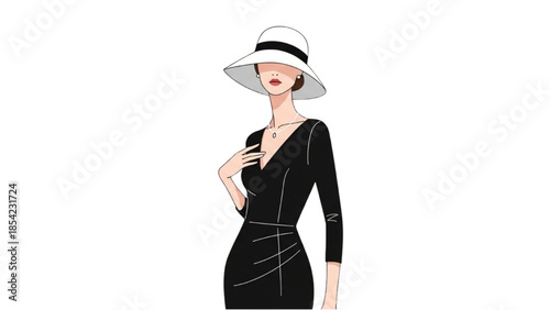 A fashionable woman wearing a black dress and white hat standing confidently alone
