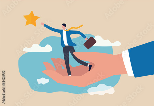 Career development support, assistant or mentor to help reach business goal to achieve target concept, helping hand lift up businessman employee to overcome obstacle reaching the star in the sky.