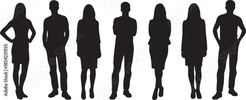 Silhouette of seven people standing in a row on a white background