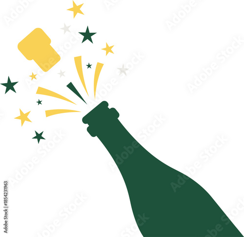 Champagne bottle with explosive cork and starry celebration