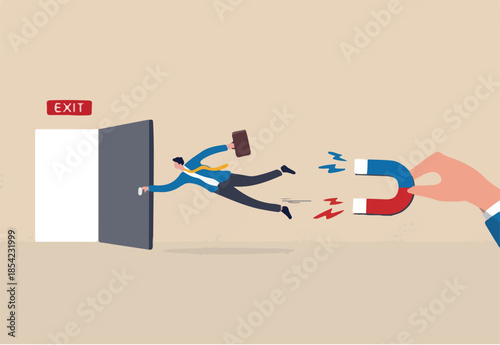 Incentive and welfare program for employee retention, building staffs loyalty reduce resignation rate for important talent, boss holding magnet to pull back resigned or leaving employee.