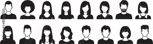 Silhouette of 16 people with various hairstyles and expressions in two rows