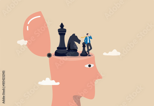 Strategic thinking to get business solution and win competition, leadership challenge to think about new idea, intelligence or wisdom for success, businessman thinking with chess piece on his head.