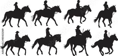 Equestrian silhouette eight black horse riding positions
