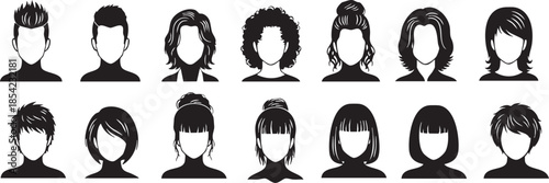 Silhouette of various hairstyles for women in two rows