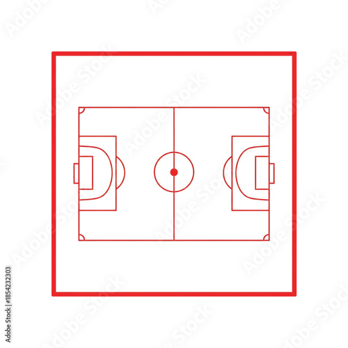 Minimalist outline drawing of a football soccer field pitch with red lines.