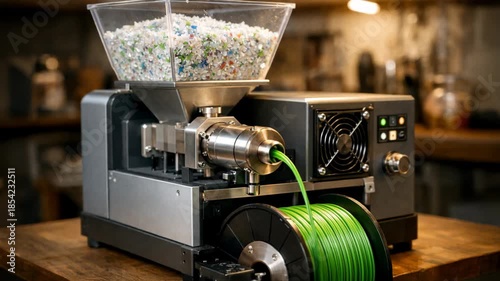 Desktop circular microfactory recycling shredded plastic into green 3D printer filament, compact filament extrusion system for local sustainable manufacturing, clean workshop setting, generative AI