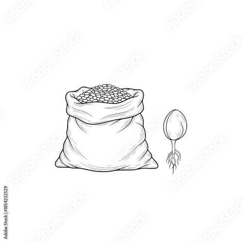 Seeds in a sack and a germinating sprout, illustrating the cycle of growth.