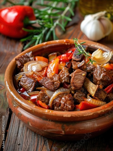 Nigerian beef stew with tomatoes and herbs served in a clay pot on a wooden table with fresh ingredients