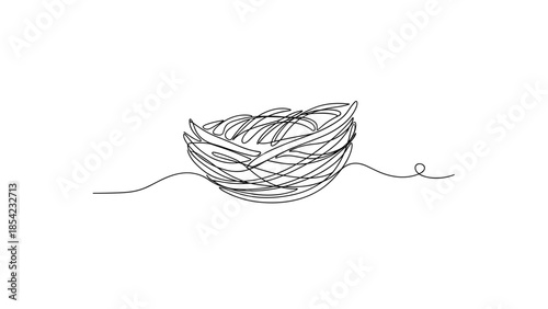 Simple line drawing of a cozy nest made of twigs and yarn  