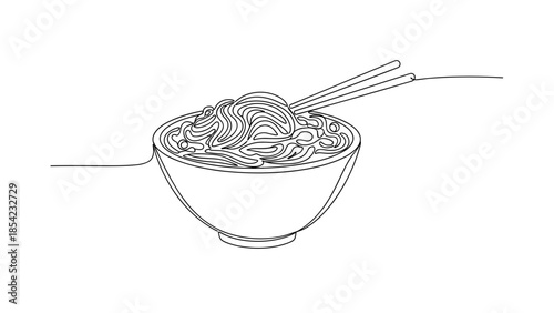 Line drawing of a bowl of noodles with chopsticks on table  
