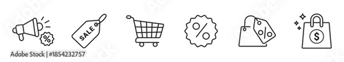 E-Commerce and Sales Promotion Icon Set, Online Shopping, Discount Offers, Shopping Cart, Price Tags and Digital Retail Business Concept Icons, Vector Illustration