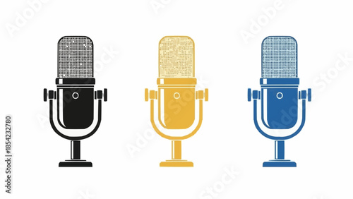 Three colorful microphones for podcasting and broadcasting needs