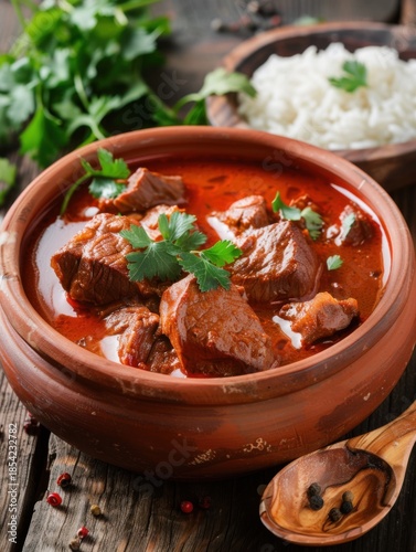 Nigerian beef stew with tomatoes and spices served with white rice on a wooden table