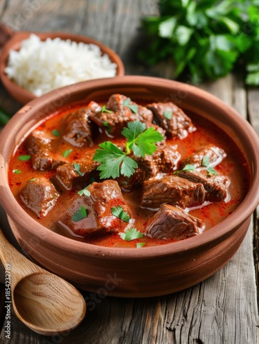 Nigerian beef stew with tomatoes and herbs served with rice on a wooden table