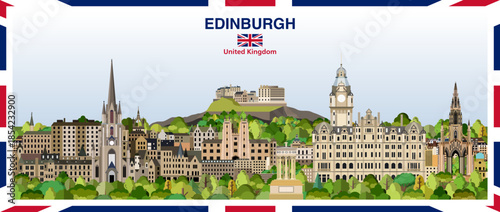 Edinburgh stylized abstract city skyline with a frame border in the colours of the United Kingdom. Vector illustration