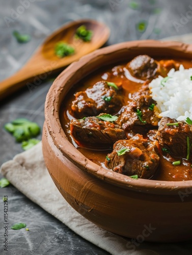 Nigerian beef stew with tomatoes and herbs served with rice in a clay dish