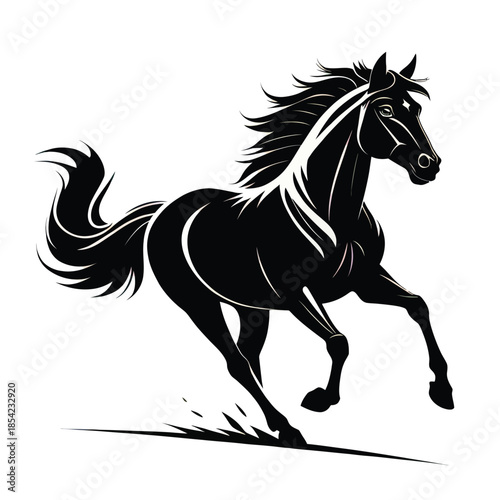 Two black and white horses running side by side in a dynamic