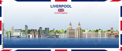 Liverpool stylized abstract city skyline with a frame border in the colours of the United Kingdom. Vector illustration