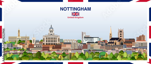Nottingham stylized abstract city skyline with a frame border in the colours of the United Kingdom. Vector illustration