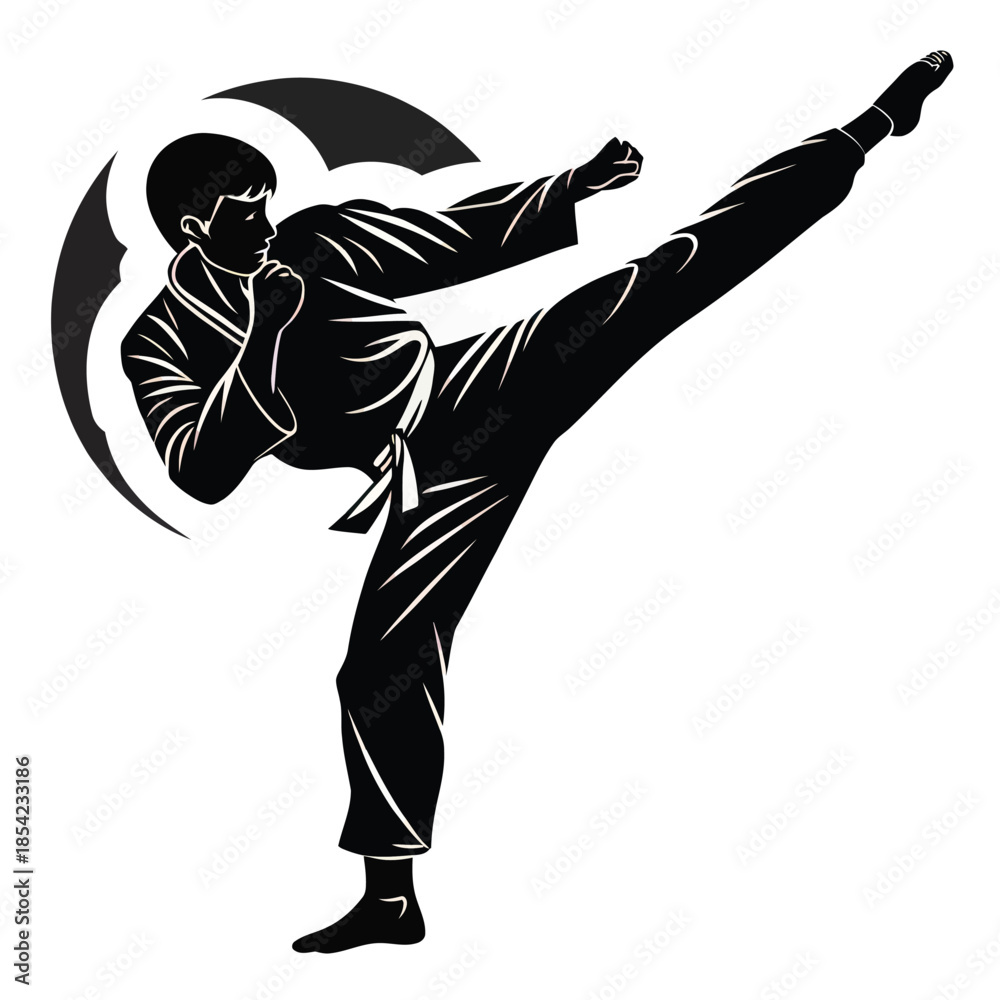 Fototapeta premium Ultra clean black and white 2d vector silhouette of a karate man