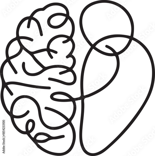 One continuous line drawing of half human brain and love heart shape logo icon. Psychological split affection logotype symbol template concept. one line Icon drawing