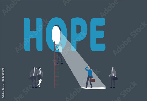 Hope or faith to success, positive thinking or business challenge, belief or optimistic for better bright future, solution concept, businessman climb up ladder in the dark to see light beam hope
