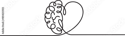 One continuous line drawing of half human brain and love heart shape logo icon. Psychological split affection logotype symbol template concept. one line Icon drawing