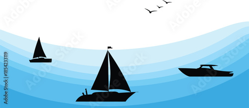 Sailboats and Motorboat Sailing on Rippling Blue Water Under a Cloudy Sky