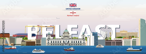 Belfast graphic stylized cityscape colorful vector illustration with big city name on the background