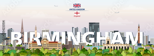 Birmingham graphic stylized cityscape colorful vector illustration with big city name on the background