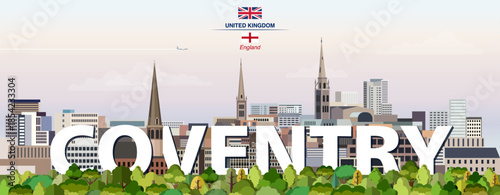 Coventry graphic stylized cityscape colorful vector illustration with big city name on the background