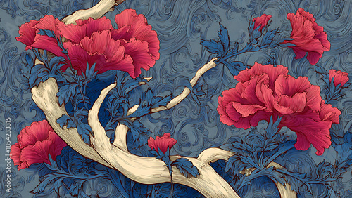 Elegant Art Nouveau whiplash curves and floral motifs merged with the bold outlines and flat colors of Japanese Ukiyo-e woodblock prints.