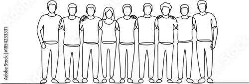 Single continuous line drawing about group of men and woman from multi ethnic standing together to show their friendship bonding. Unity in diversity concept. one line Icon drawing