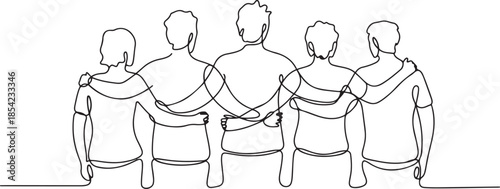 Single continuous line drawing about group of men and woman from multi ethnic standing together to show their friendship bonding. Unity in diversity concept. one line Icon drawing