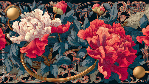 Elegant Art Nouveau whiplash curves and floral motifs merged with the bold outlines and flat colors of Japanese Ukiyo-e woodblock prints.